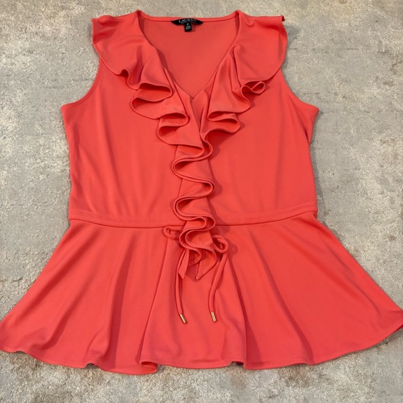 Lauren Ralph Lauren Coral Pink Ruffled Peplum Sleeveless Blouse Size Medium. - Picture 4 of 11